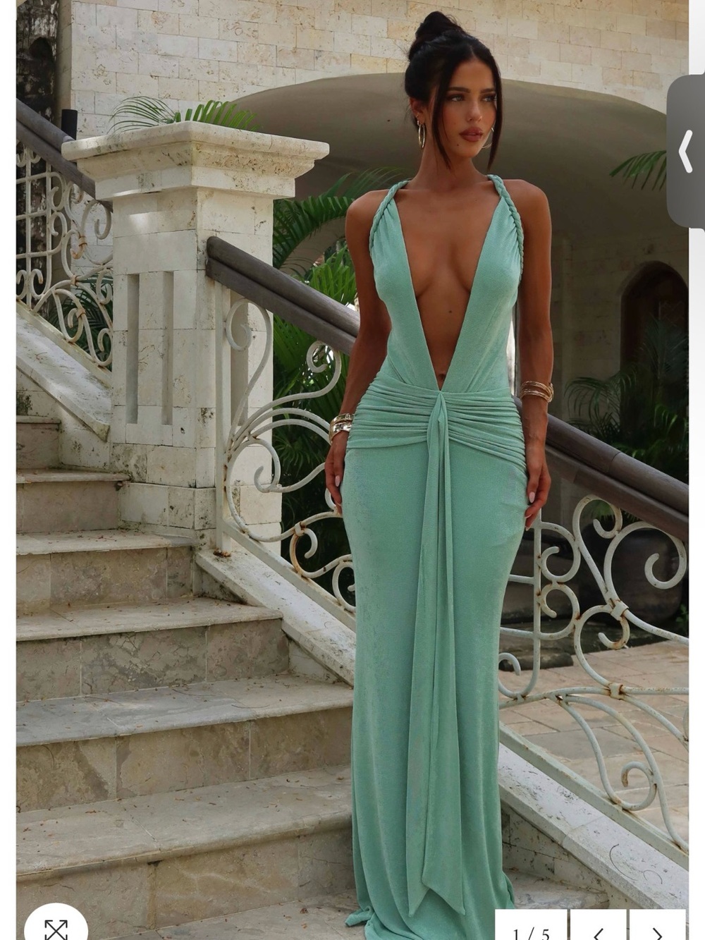 Plunging Mint Green Evening Gown with Draped Front